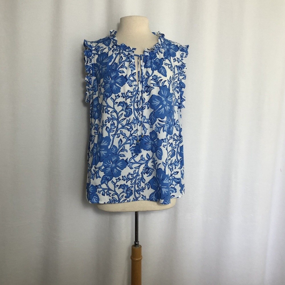 Vineyard Vines Sleeveless Blue & White Floral Top Ruffle Neck Tassel Tie Size XL